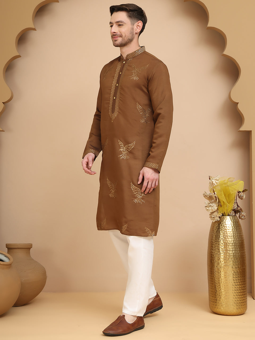 Silk Blend Kurta Pyjama Set with Golden Eagle Embroidery ( JOKP P 5256 Brown )
