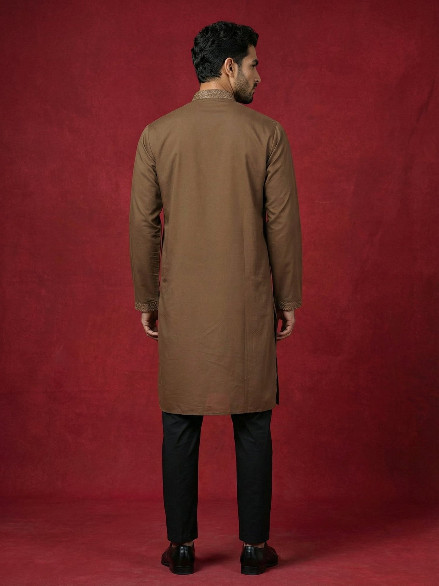 Silk Blend Kurta Pyjama Set with Golden Eagle Embroidery ( JOKP B-P 5256Brown )