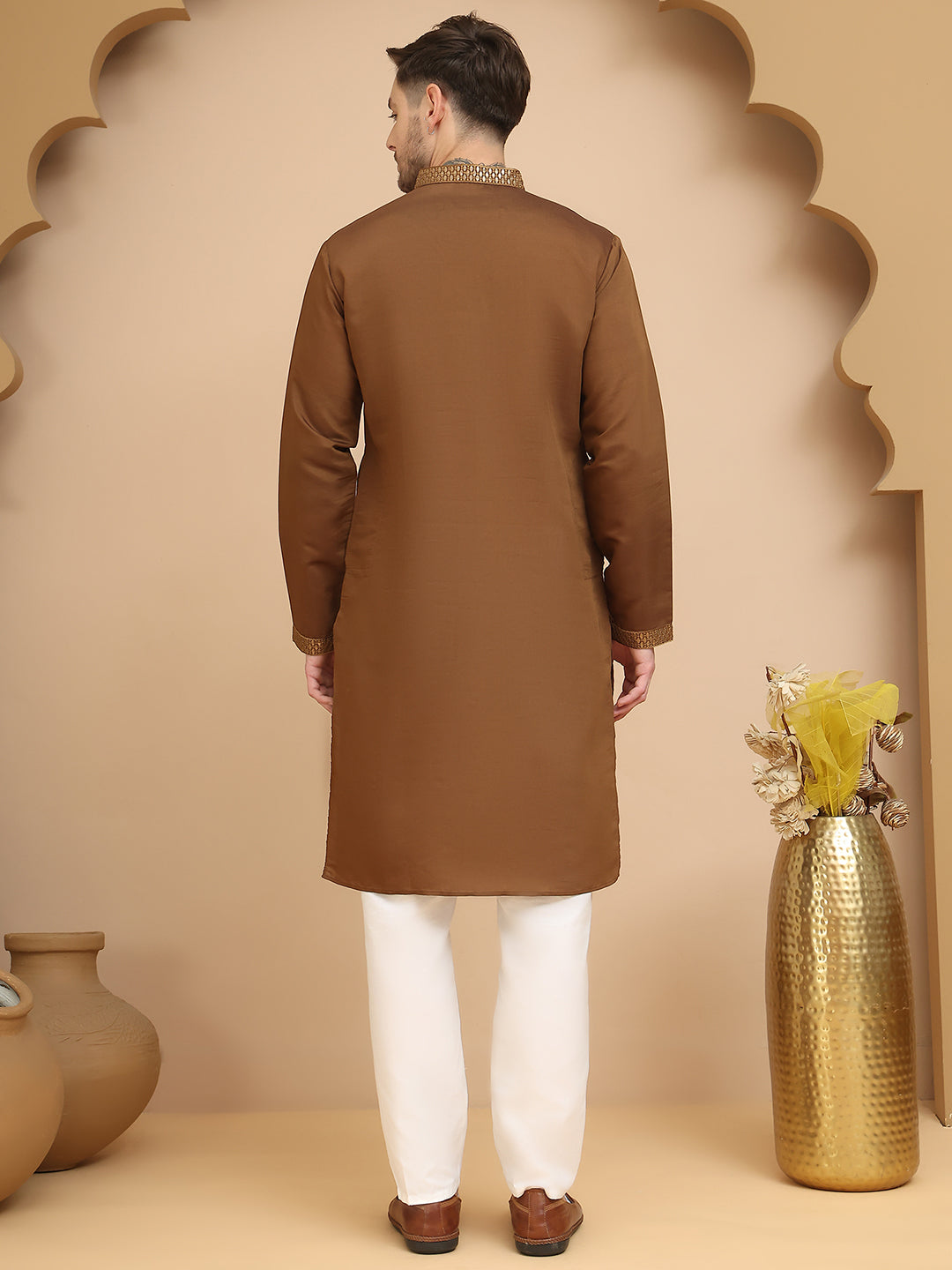 Silk Blend Kurta Pyjama Set with Golden Eagle Embroidery ( JOKP P 5256 Brown )