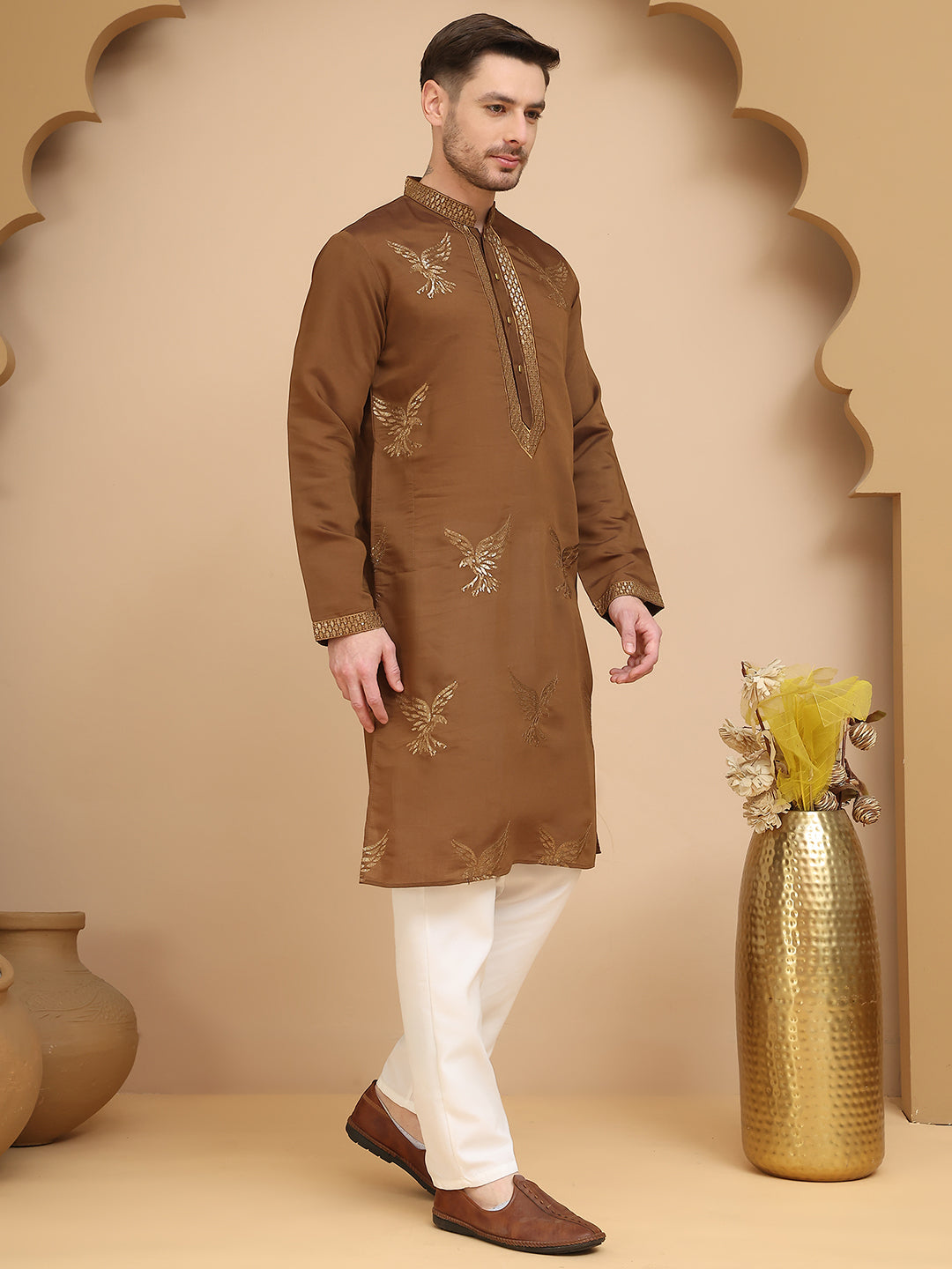 Silk Blend Kurta Pyjama Set with Golden Eagle Embroidery ( JOKP P 5256 Brown )