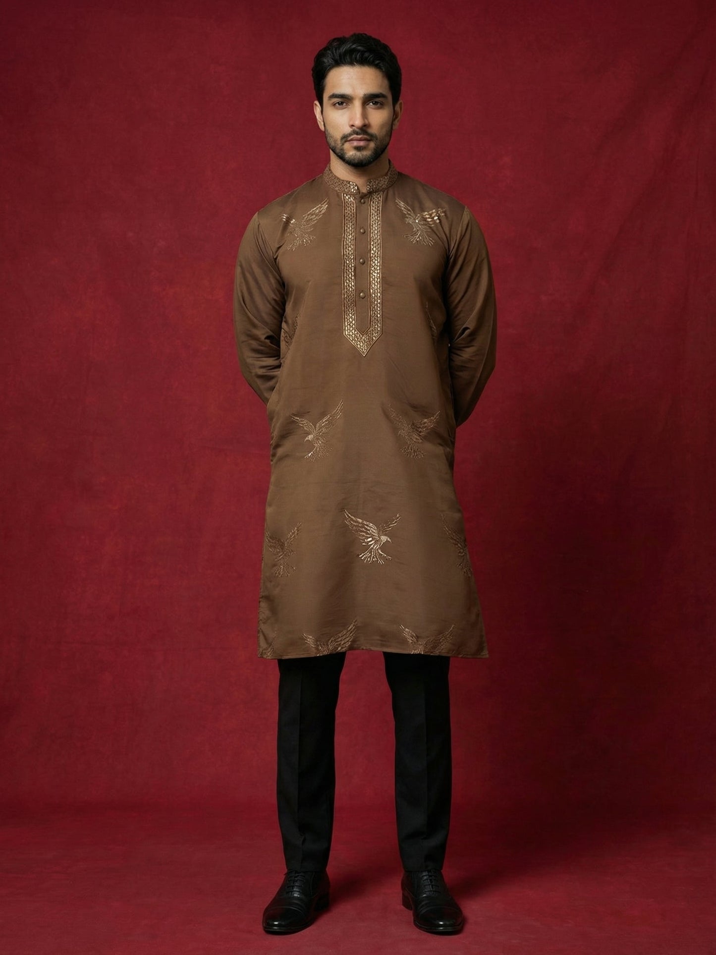 Silk Blend Kurta Pyjama Set with Golden Eagle Embroidery ( JOKP B-P 5256Brown )