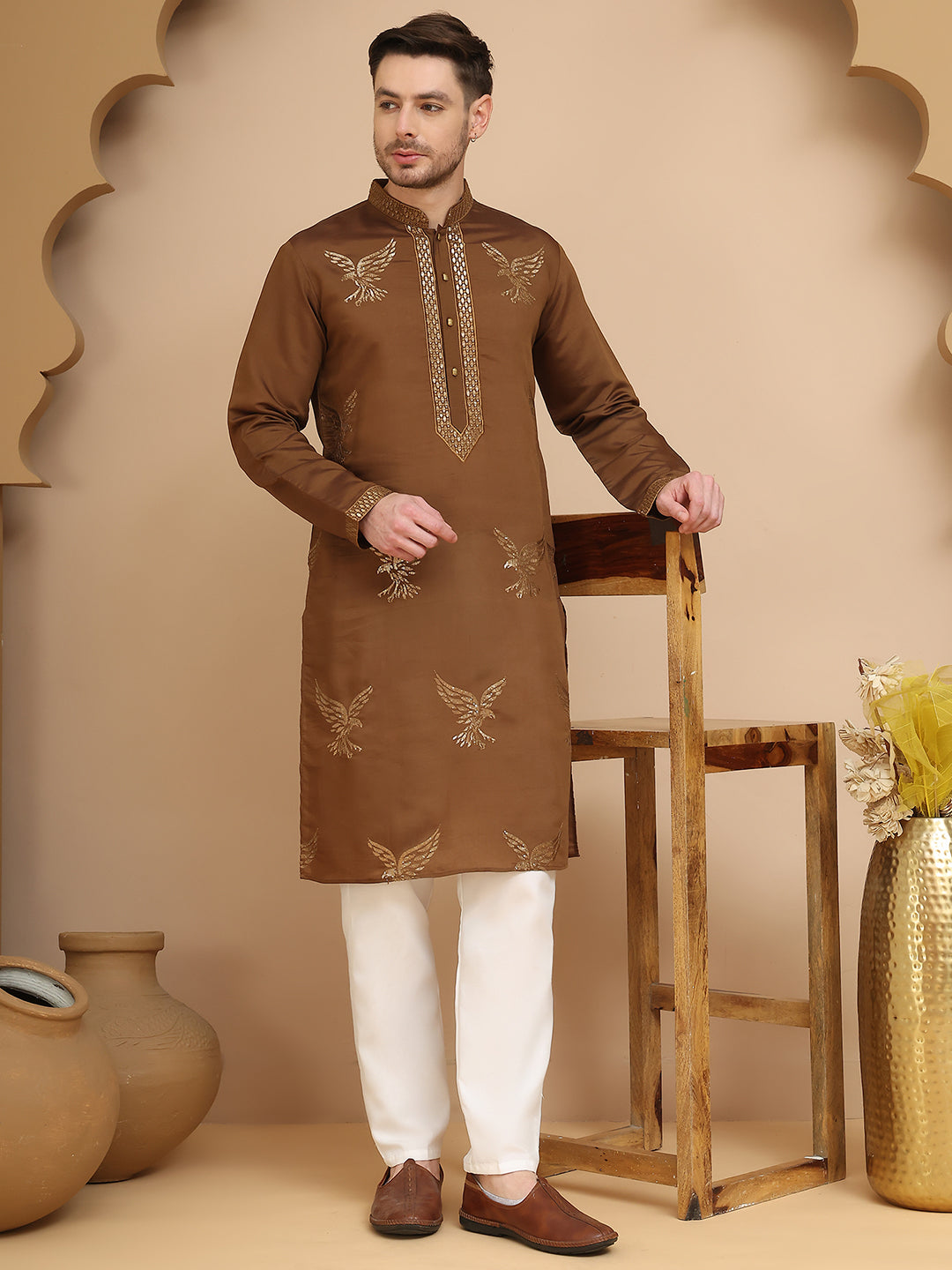 Silk Blend Kurta Pyjama Set with Golden Eagle Embroidery ( JOKP P 5256 Brown )