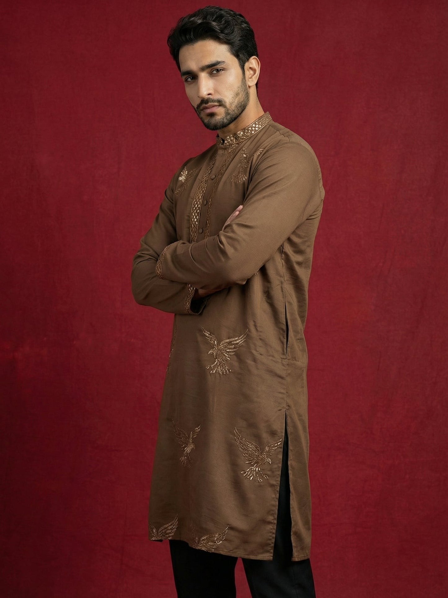 Silk Blend Kurta Pyjama Set with Golden Eagle Embroidery ( JOKP B-P 5256Brown )