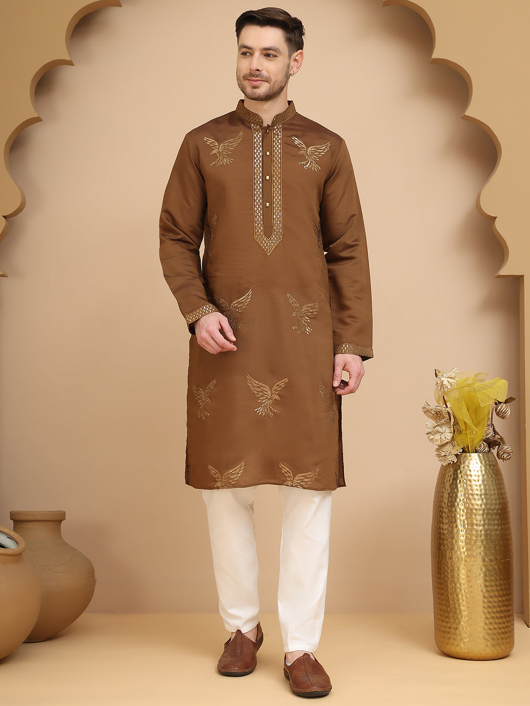 Silk Blend Kurta Pyjama Set with Golden Eagle Embroidery ( JOKP P 5256 Brown )