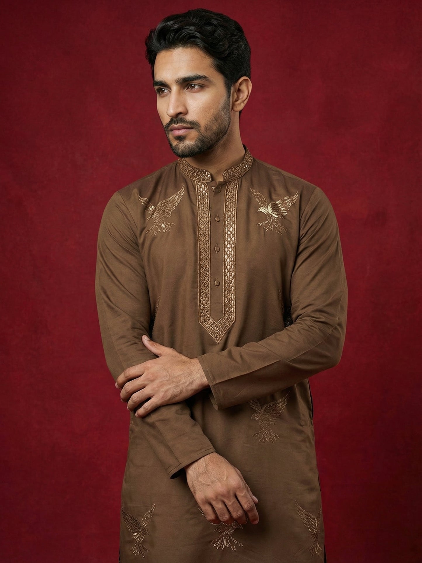 Silk Blend Kurta Pyjama Set with Golden Eagle Embroidery ( JOKP B-P 5256Brown )
