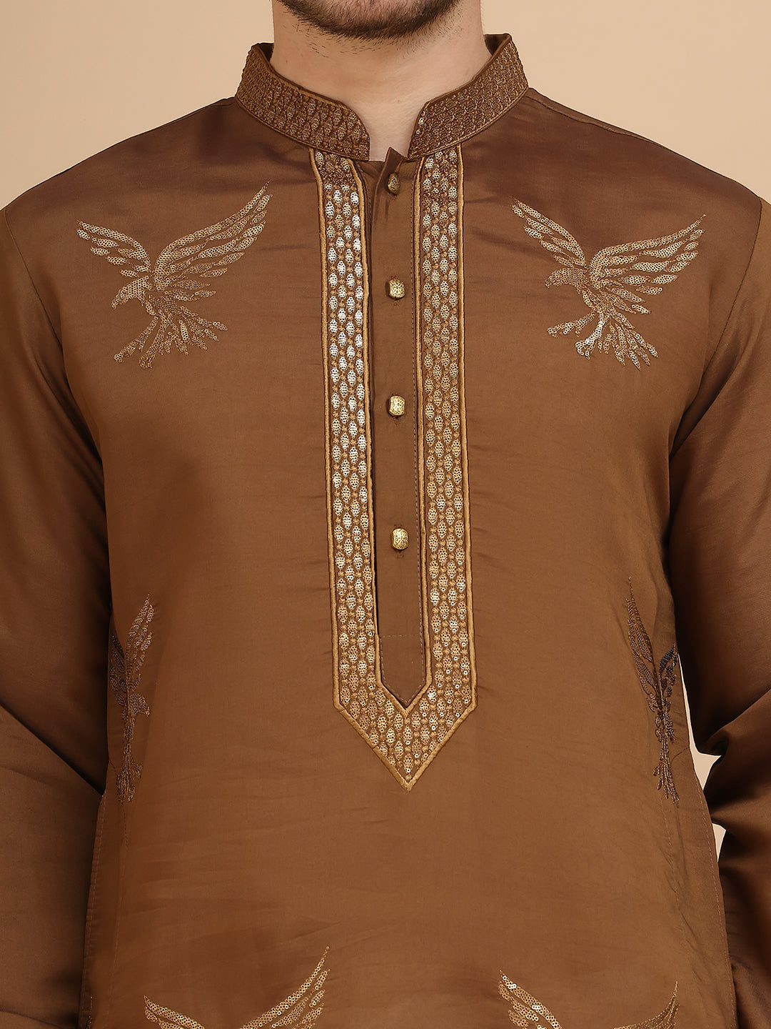 Silk Blend Kurta Pyjama Set with Golden Eagle Embroidery ( JOKP P 5256 Brown )