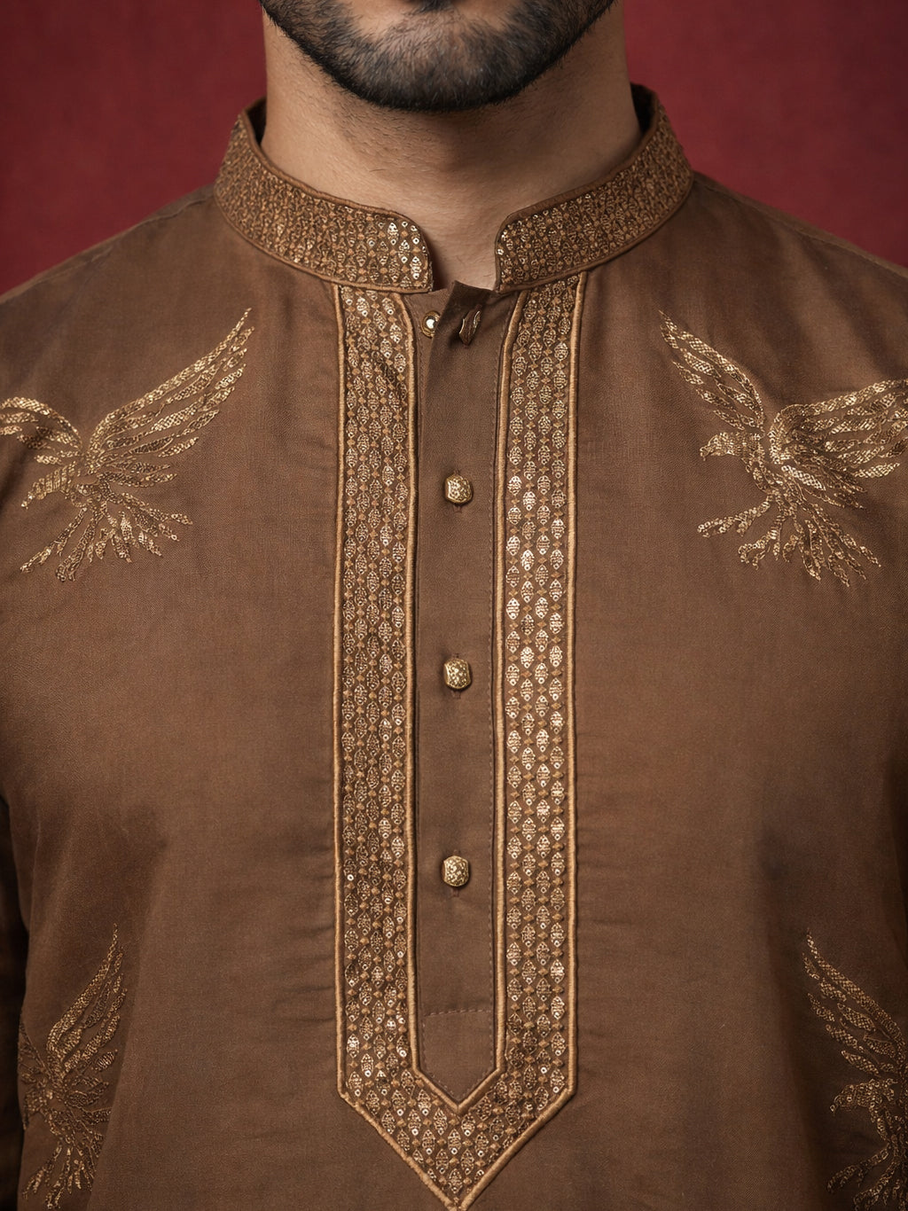 Silk Blend Kurta Pyjama Set with Golden Eagle Embroidery ( JOKP B-P 5256Brown )