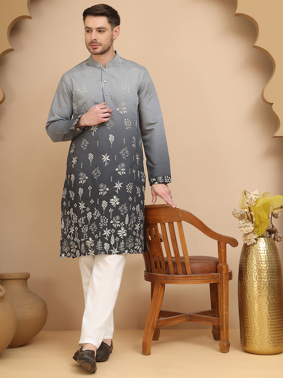 Ombre & Embroidered Kurta Pyjama Set ( JOKP P 5257 Grey )