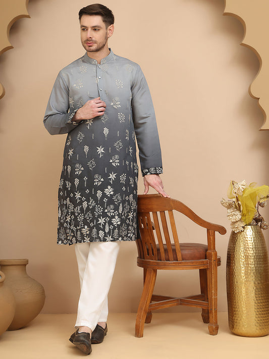 Ombre & Embroidered Kurta Pyjama Set ( JOKP P 5257 Grey )