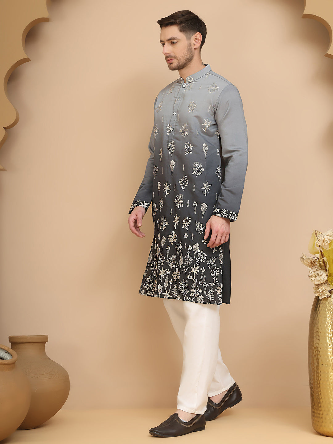 Ombre & Embroidered Kurta Pyjama Set ( JOKP P 5257 Grey )