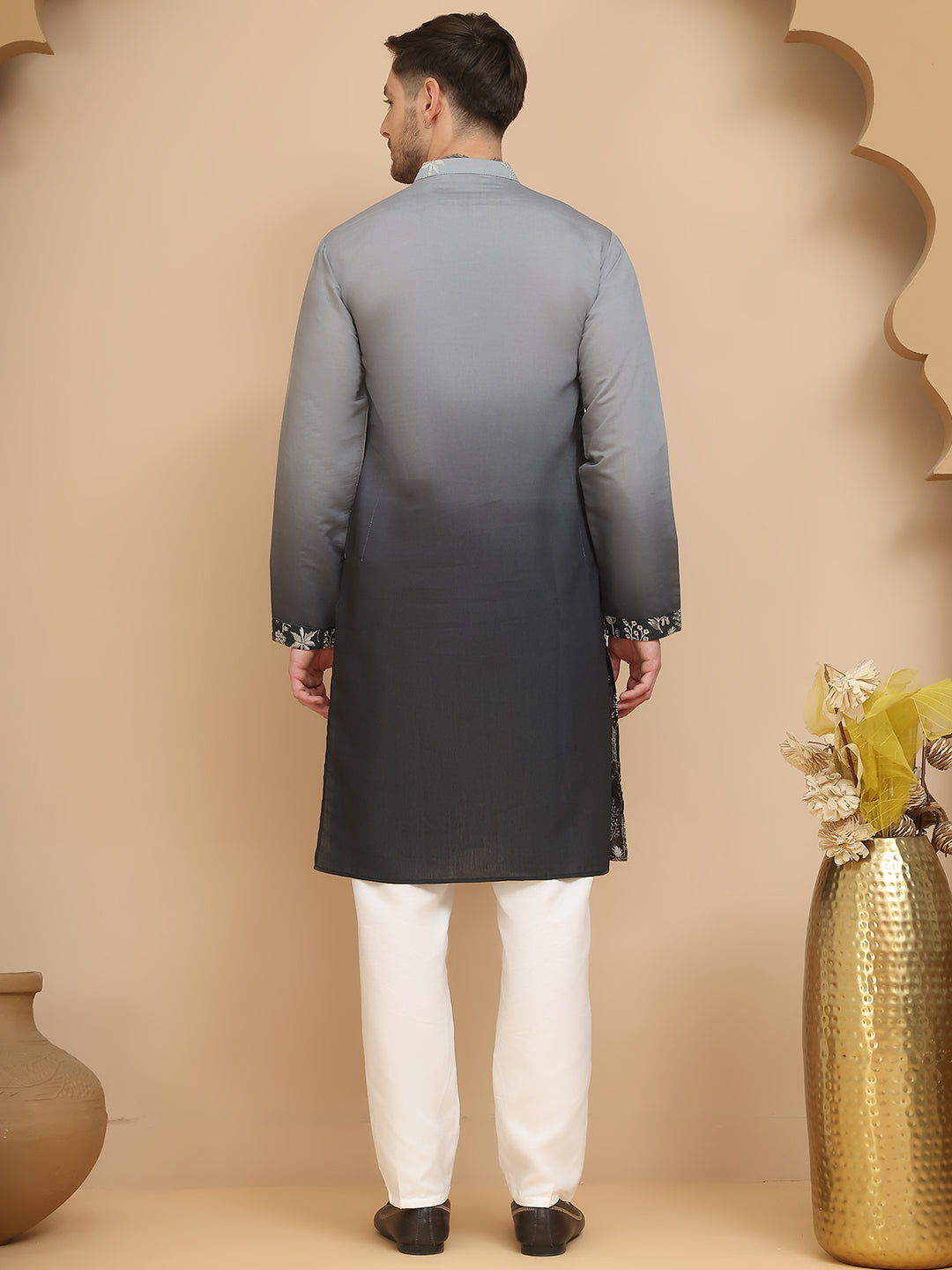 Ombre & Embroidered Kurta Pyjama Set ( JOKP P 5257 Grey )