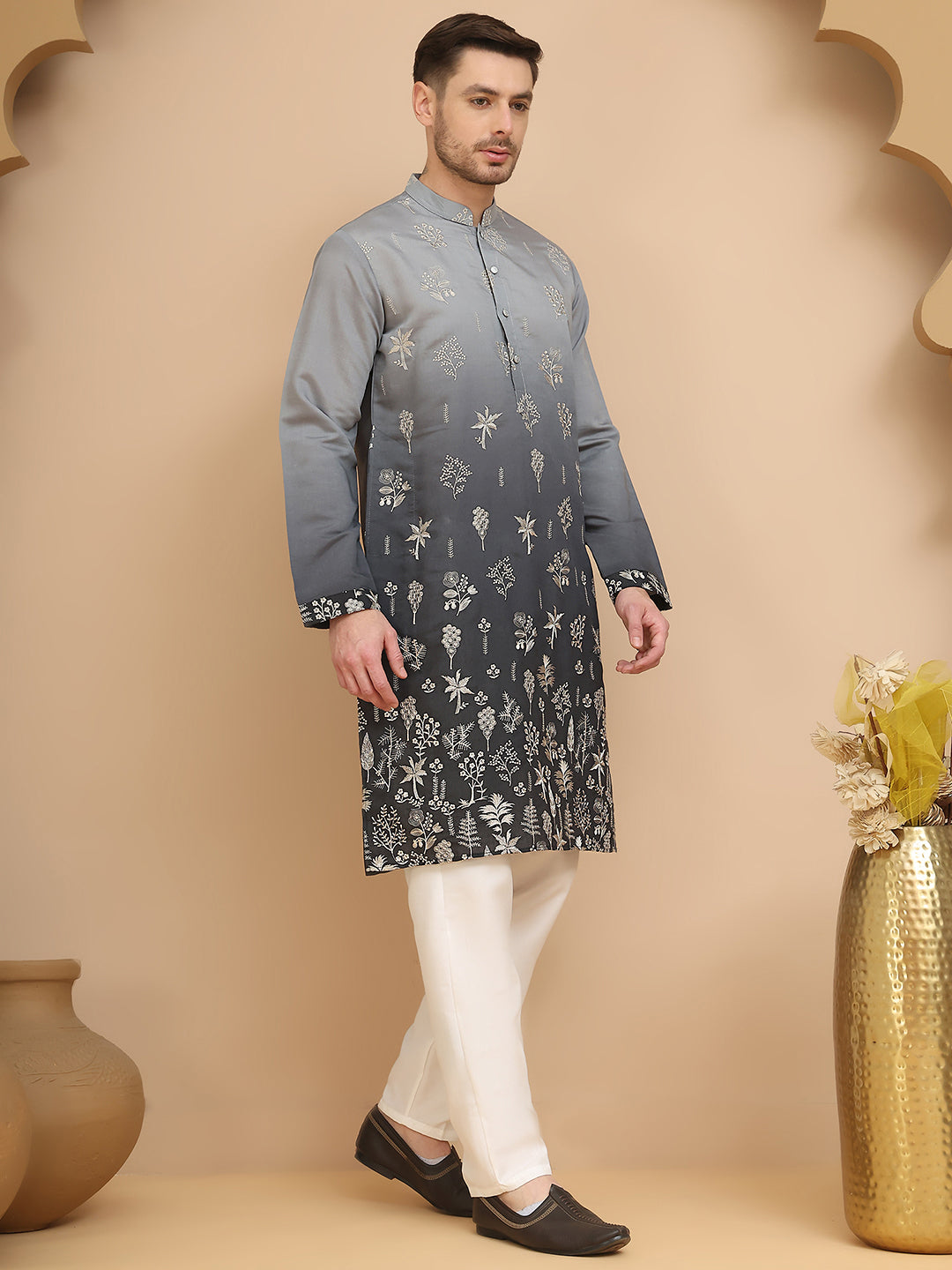 Ombre & Embroidered Kurta Pyjama Set ( JOKP P 5257 Grey )