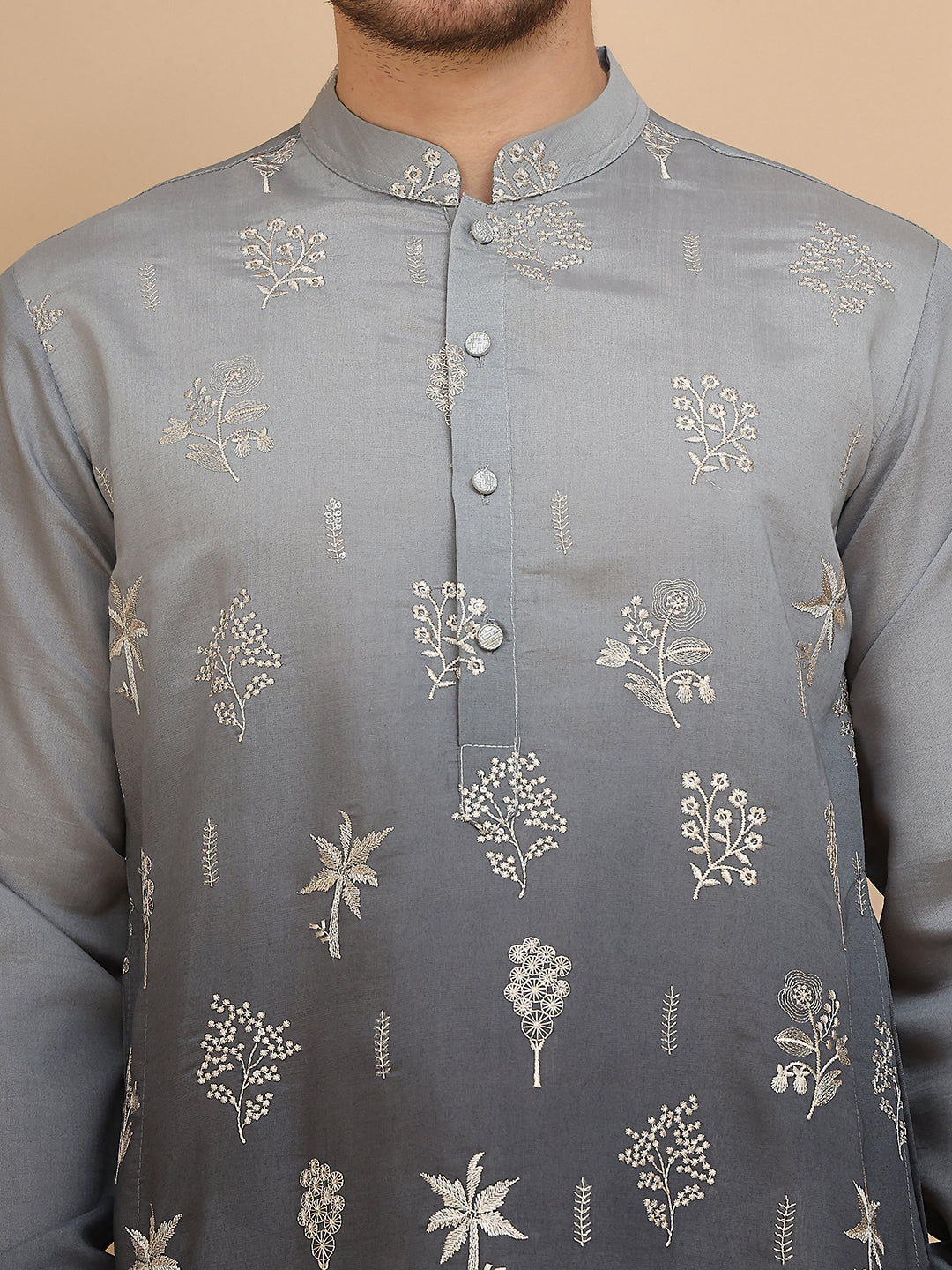 Ombre & Embroidered Kurta Pyjama Set ( JOKP P 5257 Grey )