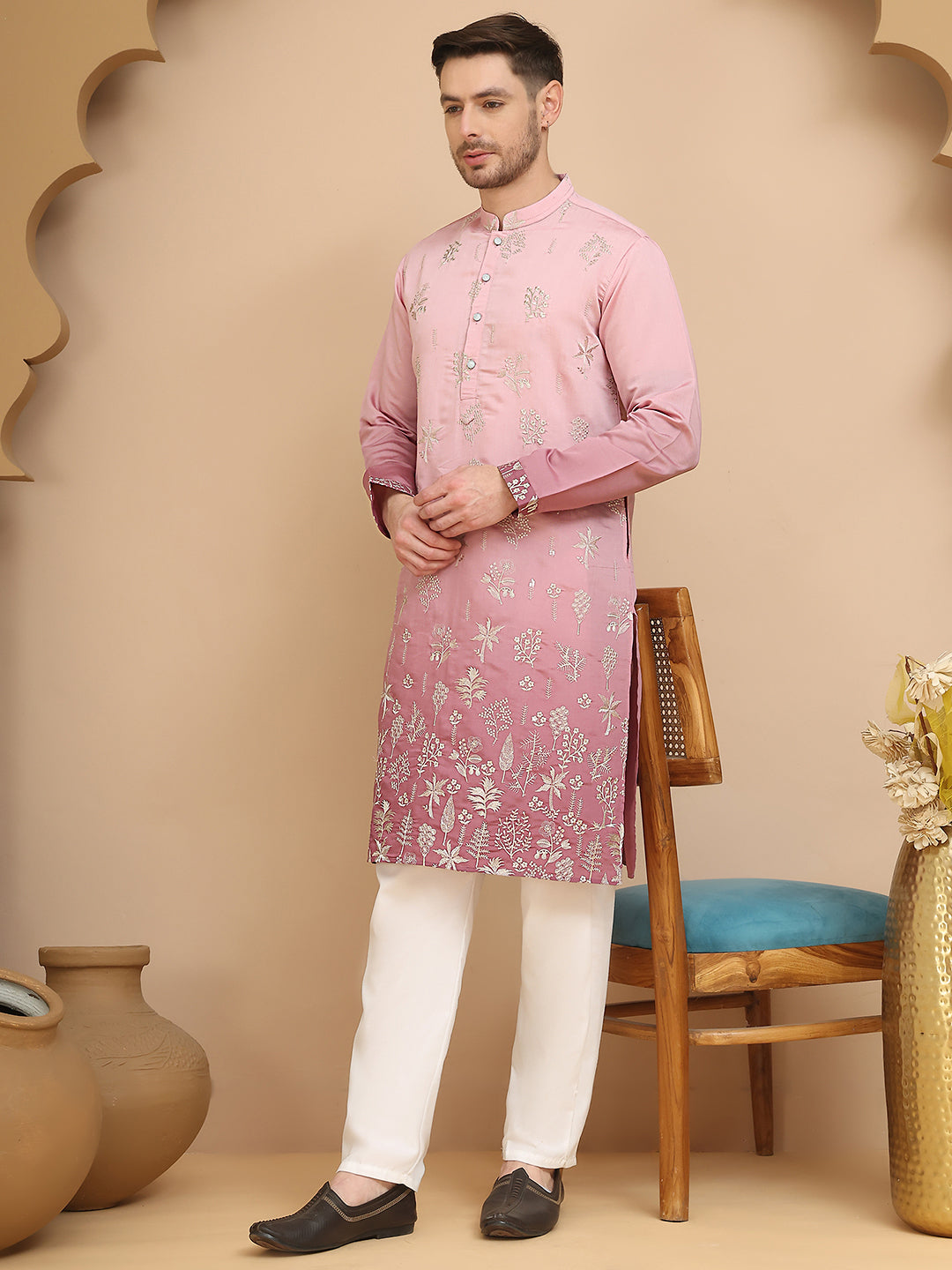 Ombre & Embroidered Kurta Pyjama Set ( JOKP P 5257 Pink )