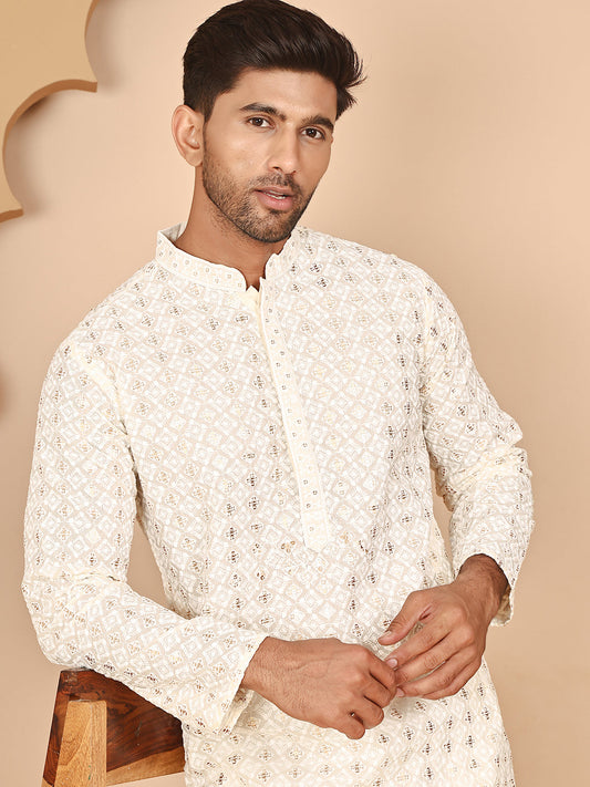 Men’s Ethnic Cotton Embroidered Kurta Pyjama ( JOKP P 5260 P 5260Cream ) [FF] [P-17]