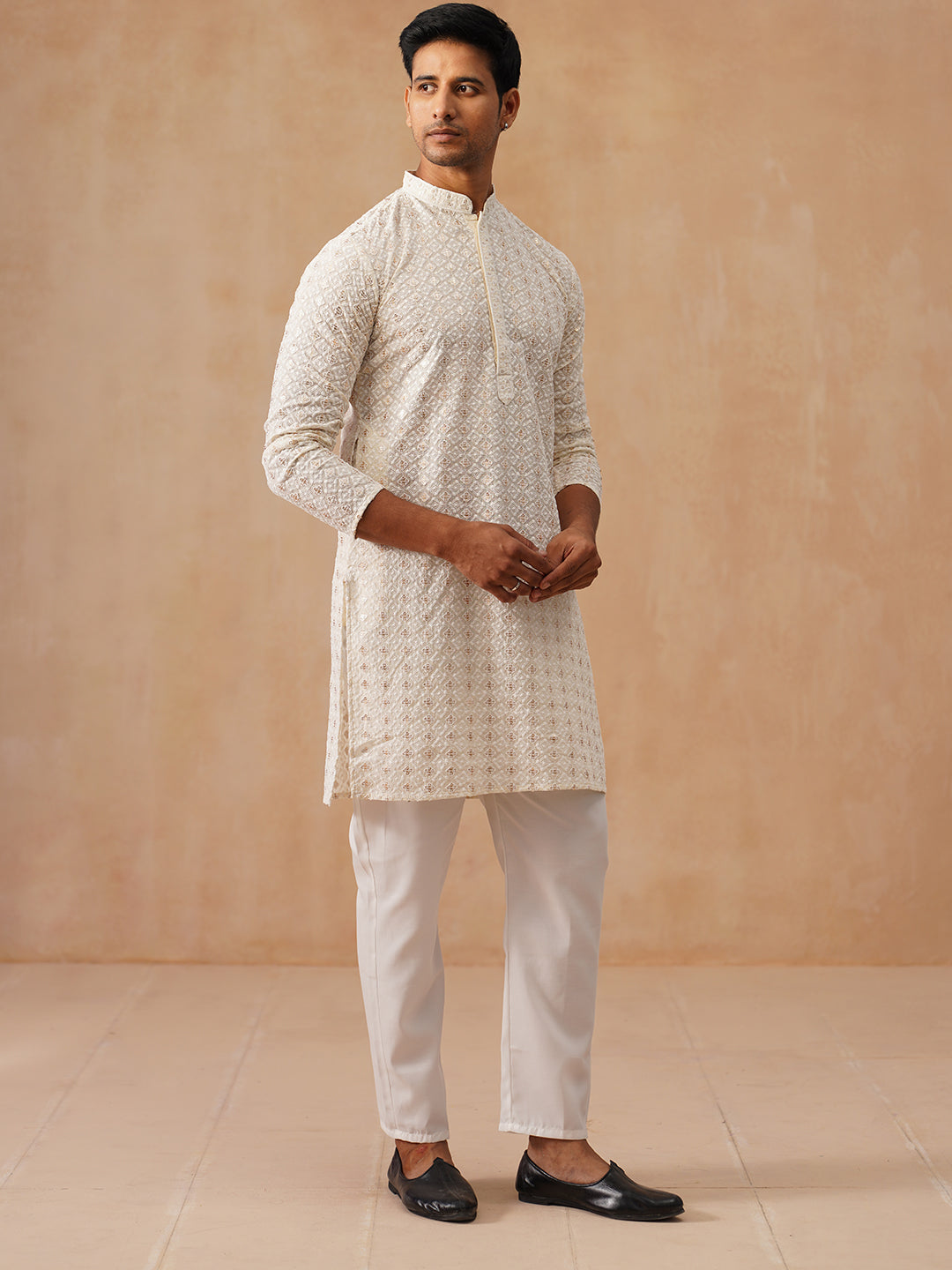 Men’s Ethnic Cotton Embroidered Kurta Pyjama ( JOKP P 5260 P 5260Cream ) [FF] [P-17]