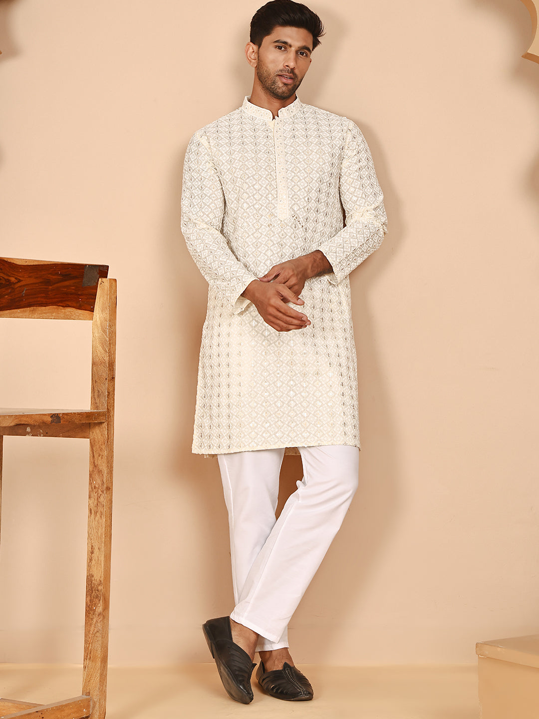 Men’s Ethnic Cotton Embroidered Kurta Pyjama ( JOKP P 5260 P 5260Cream ) [FF] [P-17]
