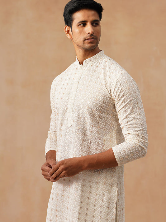 Men’s Ethnic Cotton Embroidered Kurta Pyjama ( JOKP P 5260 P 5260Cream ) [FF] [P-17]