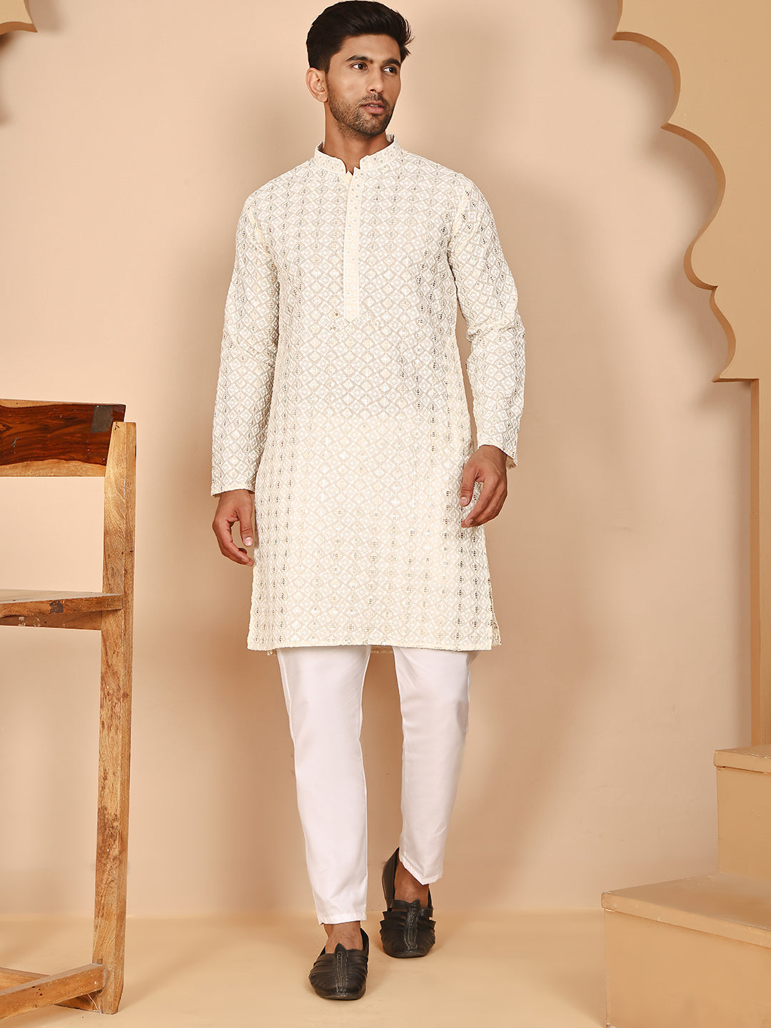 Men’s Ethnic Cotton Embroidered Kurta Pyjama ( JOKP P 5260 P 5260Cream ) [FF] [P-17]