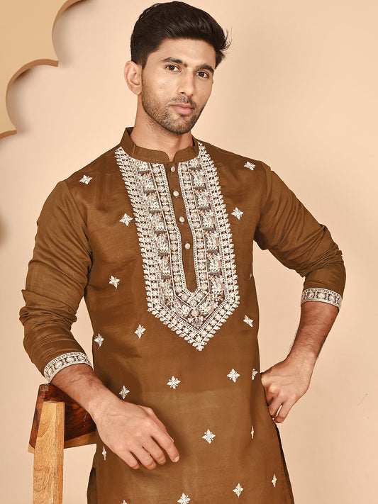 Embroidered Silk Blend Kurta Pyjama Set for Men ( JOKP P 5263 P 5263Mehndi ) [FF] [I-1-4]