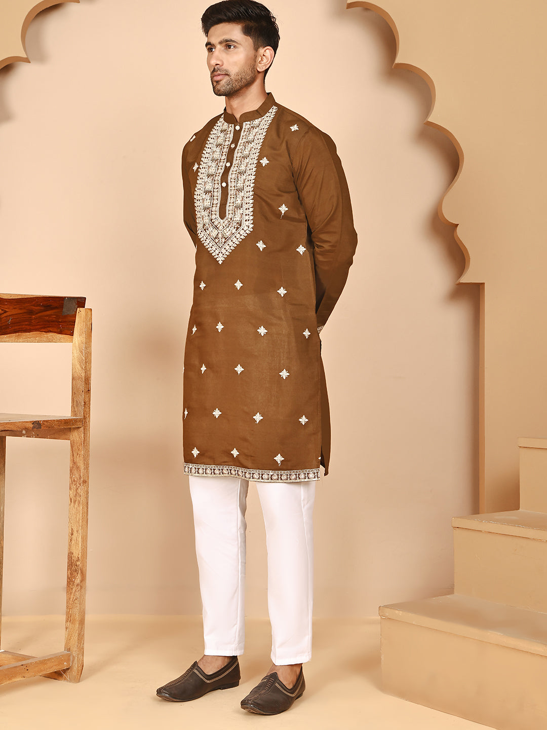 Embroidered Silk Blend Kurta Pyjama Set for Men ( JOKP P 5263 P 5263Mehndi ) [FF] [I-1-4]