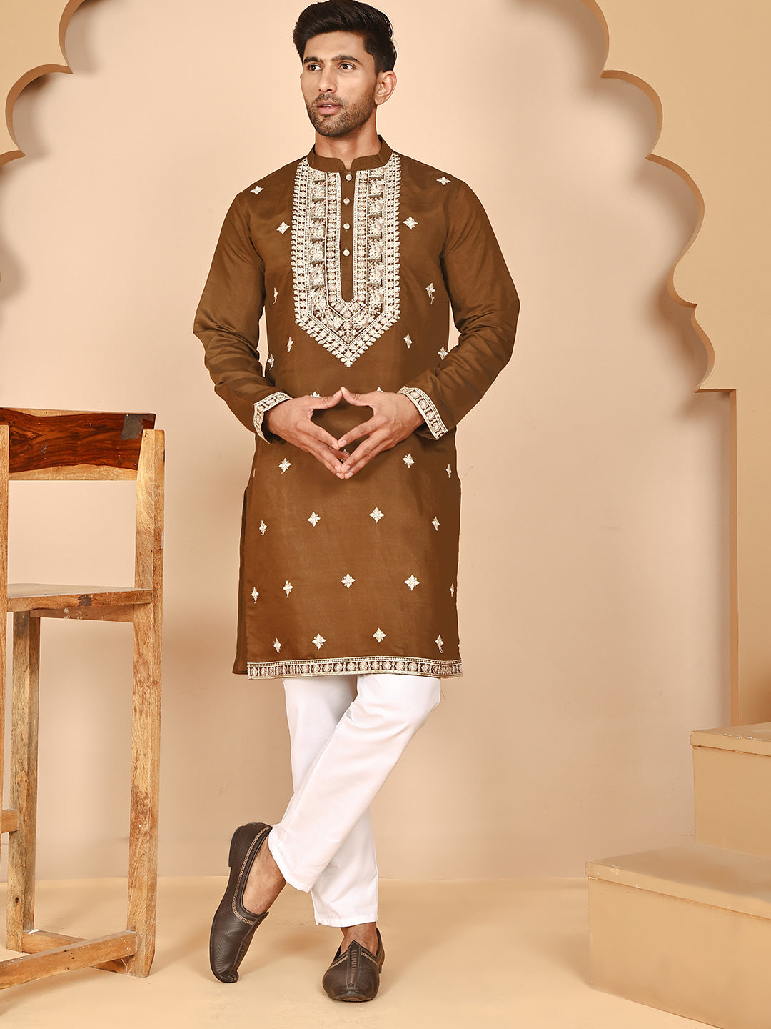 Embroidered Silk Blend Kurta Pyjama Set for Men ( JOKP P 5263 P 5263Mehndi ) [FF] [I-1-4]