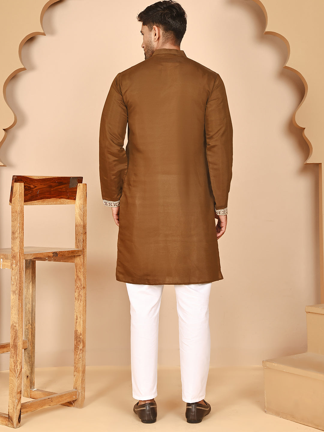 Embroidered Silk Blend Kurta Pyjama Set for Men ( JOKP P 5263 P 5263Mehndi ) [FF] [I-1-4]