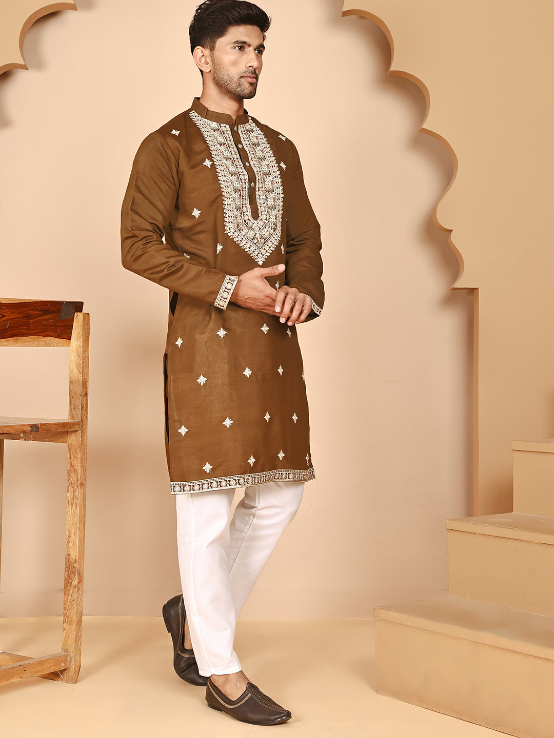 Embroidered Silk Blend Kurta Pyjama Set for Men ( JOKP P 5263 P 5263Mehndi ) [FF] [I-1-4]