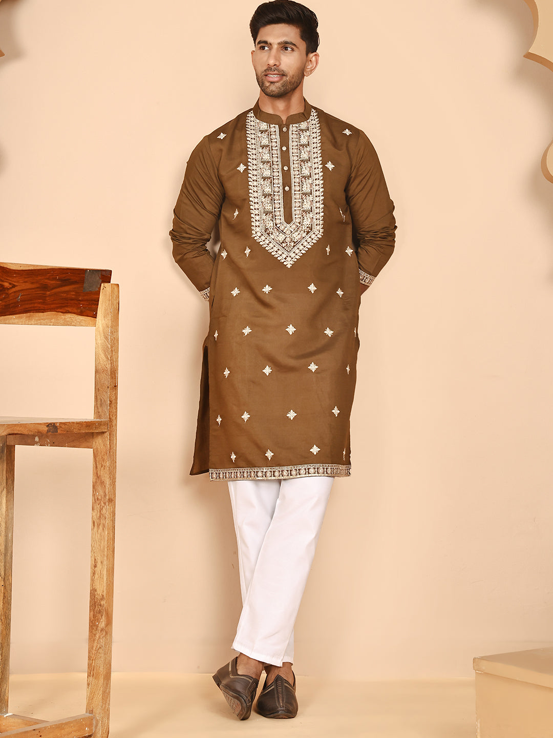 Embroidered Silk Blend Kurta Pyjama Set for Men ( JOKP P 5263 P 5263Mehndi ) [FF] [I-1-4]