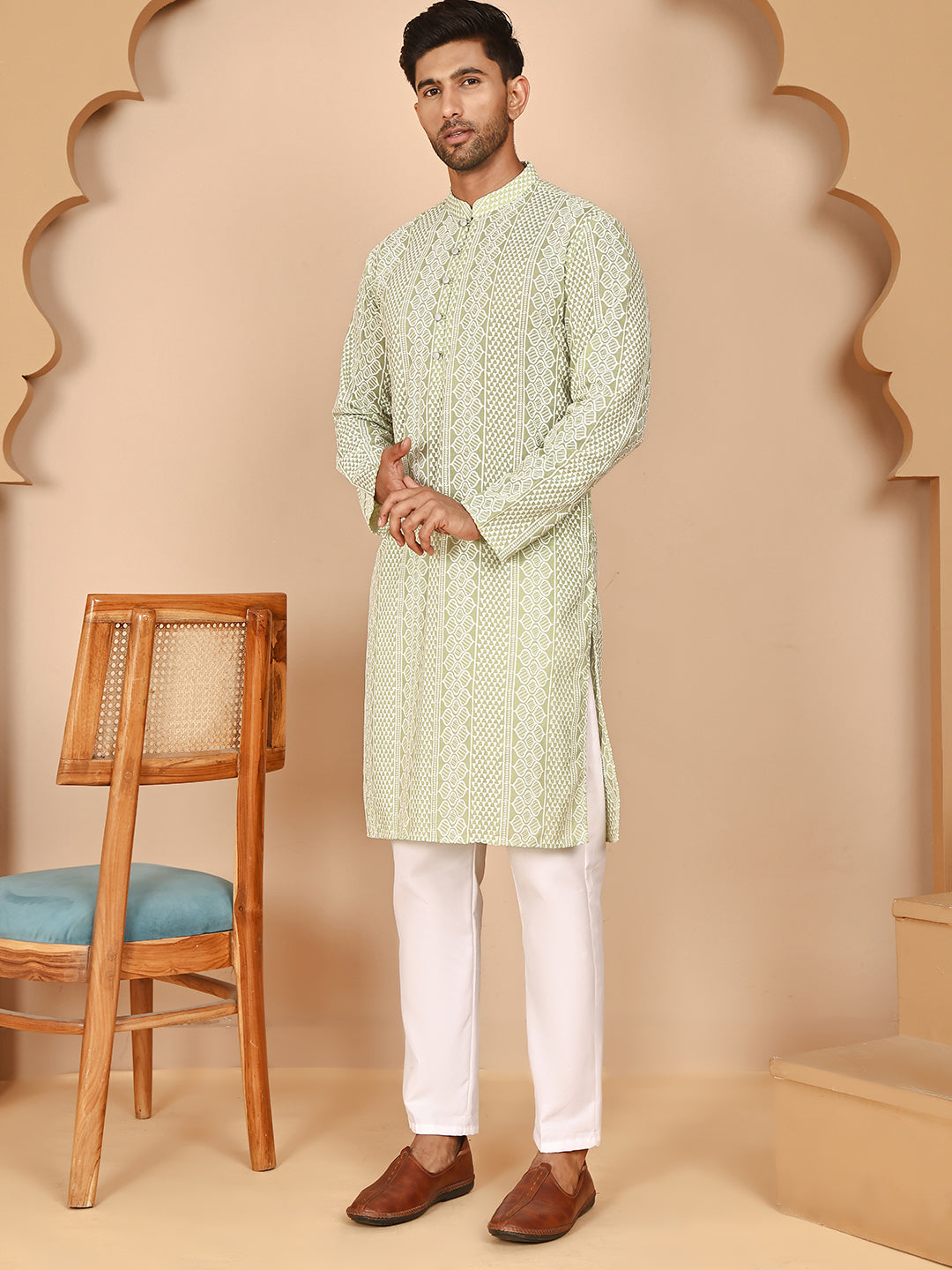 Embroidered Cotton Kurta with Churidar ( JOKP P 5264 P 5264Pista ) [FF] [O-10]