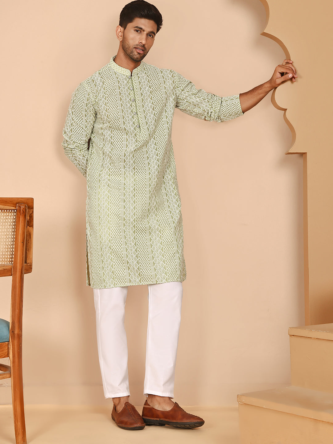 Embroidered Cotton Kurta with Churidar ( JOKP P 5264 P 5264Pista ) [FF] [O-10]