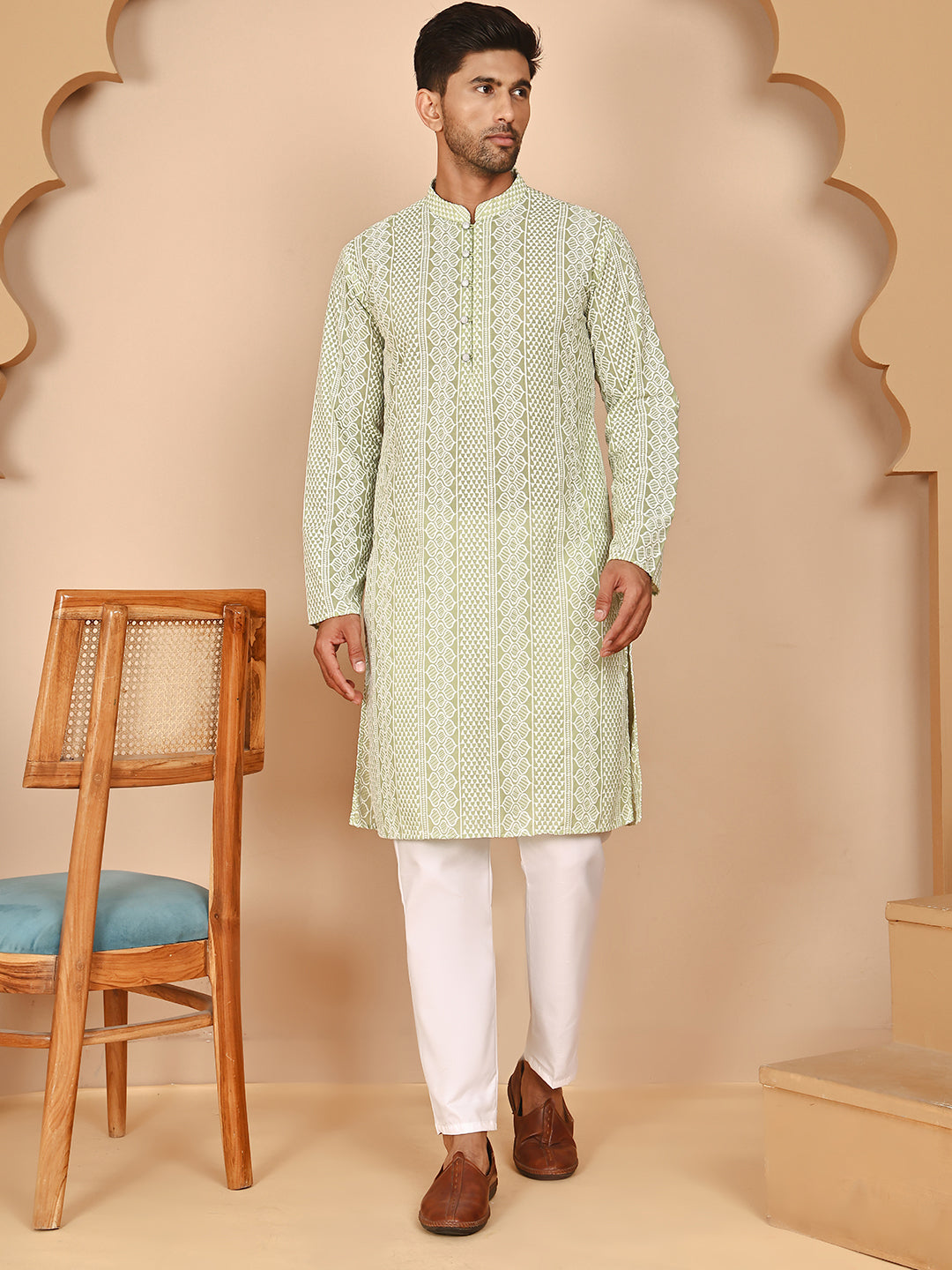 Embroidered Cotton Kurta with Churidar ( JOKP P 5264 P 5264Pista ) [FF] [O-10]