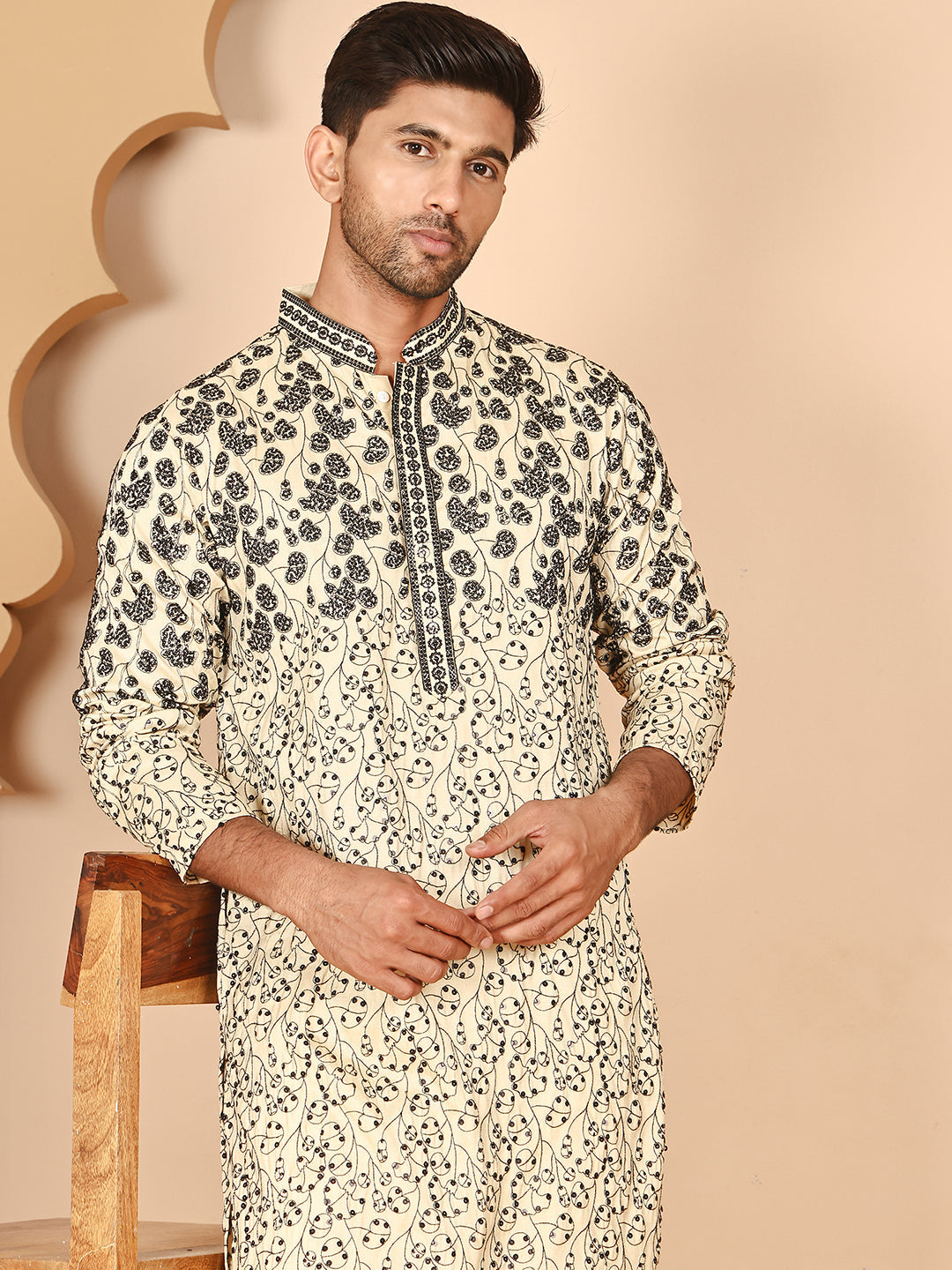 Men's Cream Embroidered Kurta Pyjama Set ( JOKP P 5267 P 5267 Cream ) [FF] [A-1-4]