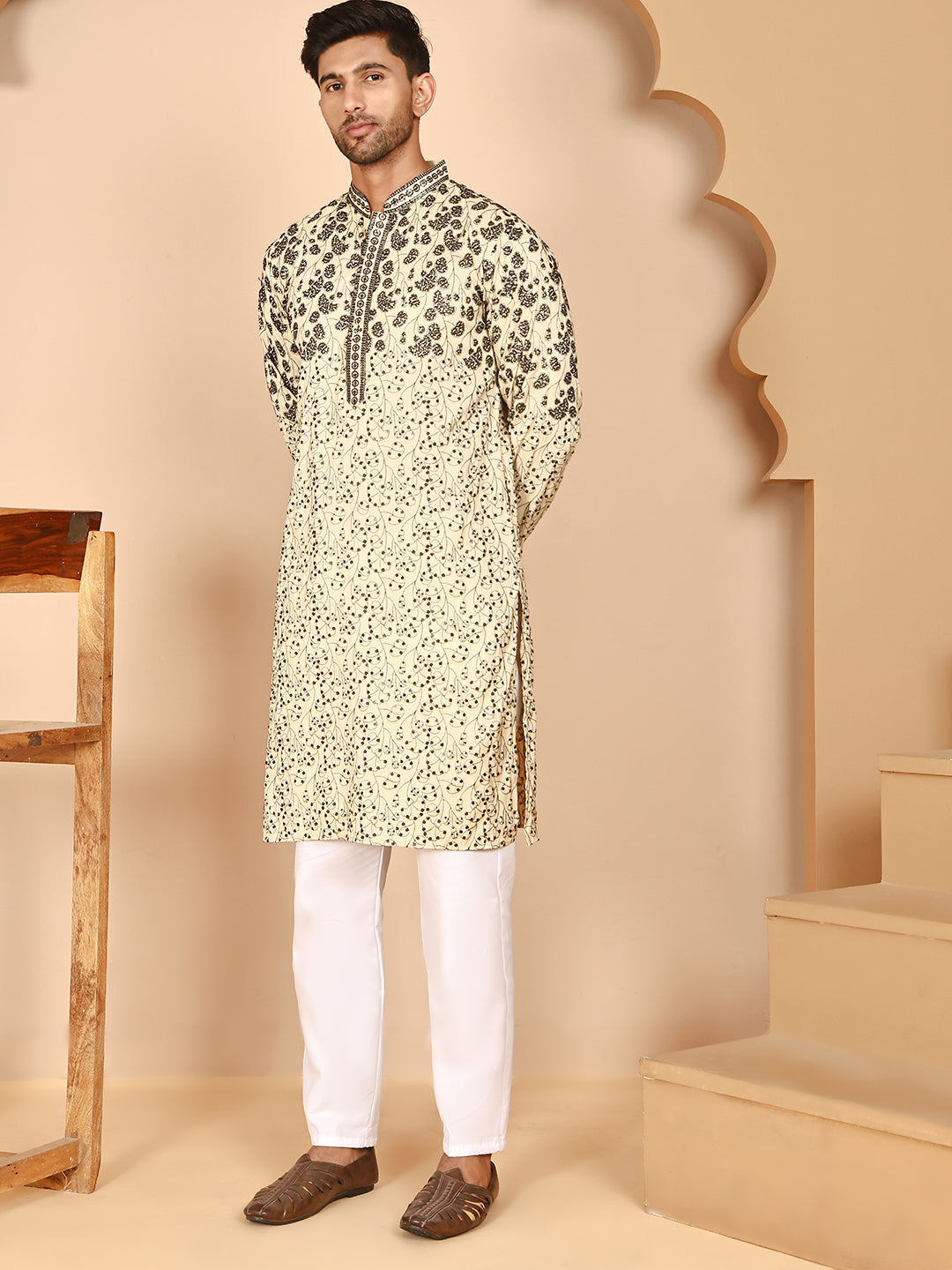 Men's Cream Embroidered Kurta Pyjama Set ( JOKP P 5267 P 5267 Cream ) [FF] [A-1-4]