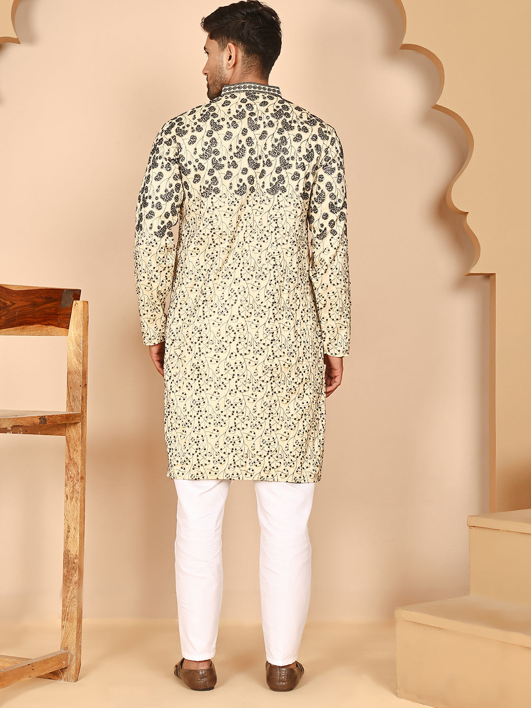 Men's Cream Embroidered Kurta Pyjama Set ( JOKP P 5267 P 5267 Cream ) [FF] [A-1-4]