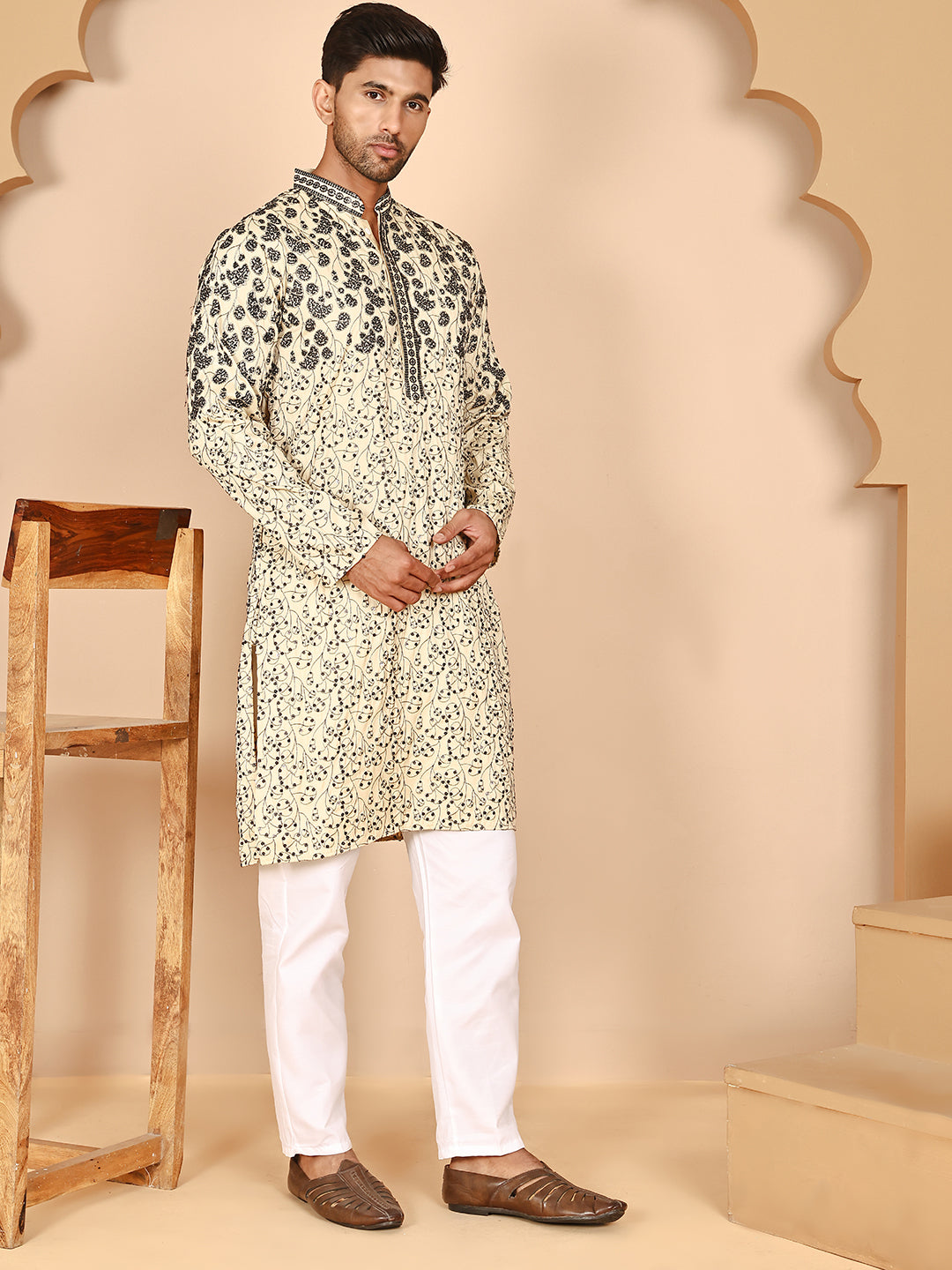 Men's Cream Embroidered Kurta Pyjama Set ( JOKP P 5267 P 5267 Cream ) [FF] [A-1-4]