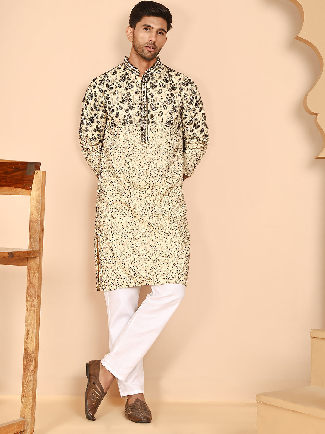 Men's Cream Embroidered Kurta Pyjama Set ( JOKP P 5267 P 5267 Cream ) [FF] [A-1-4]