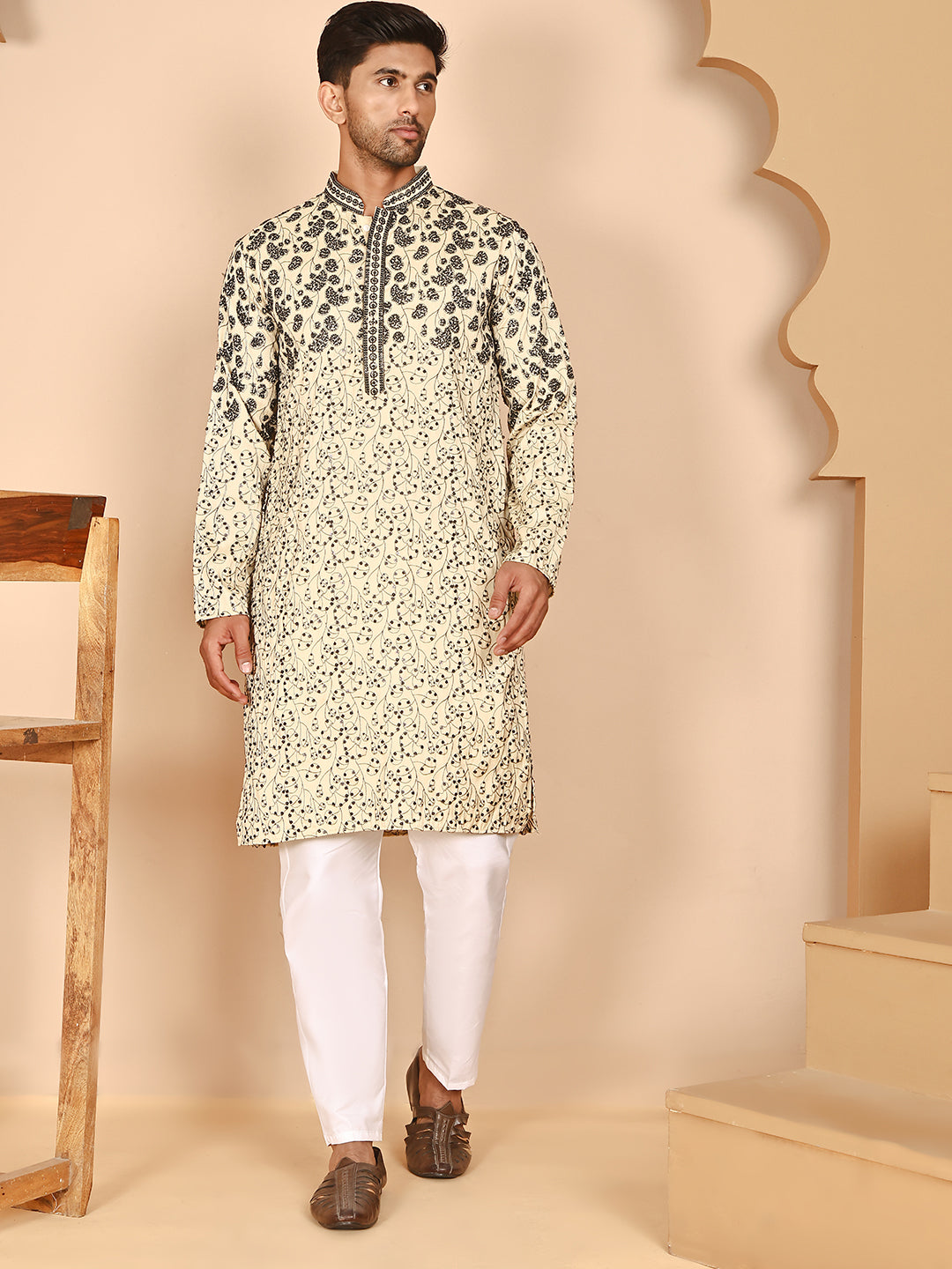 Men's Cream Embroidered Kurta Pyjama Set ( JOKP P 5267 P 5267 Cream ) [FF] [A-1-4]