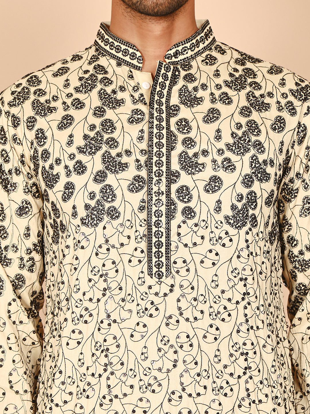 Men's Cream Embroidered Kurta Pyjama Set ( JOKP P 5267 P 5267 Cream ) [FF] [A-1-4]