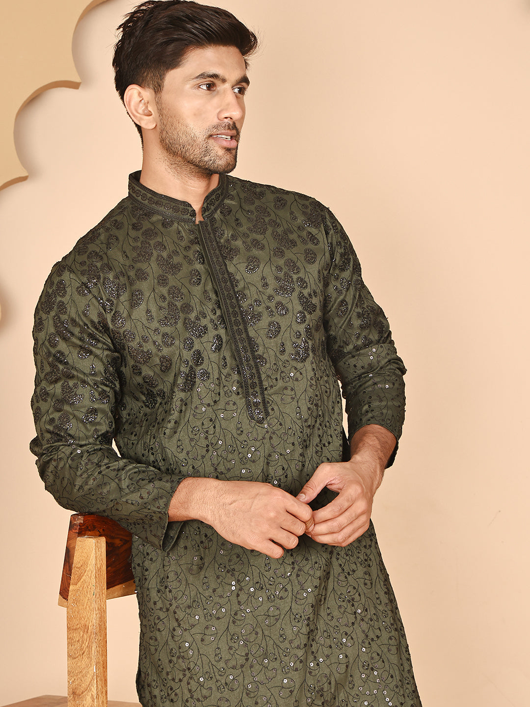 Men's Olive Embroidered Kurta Pyjama Set ( JOKP P 5267 P 5267 Olive ) [FF] [A-1-4]