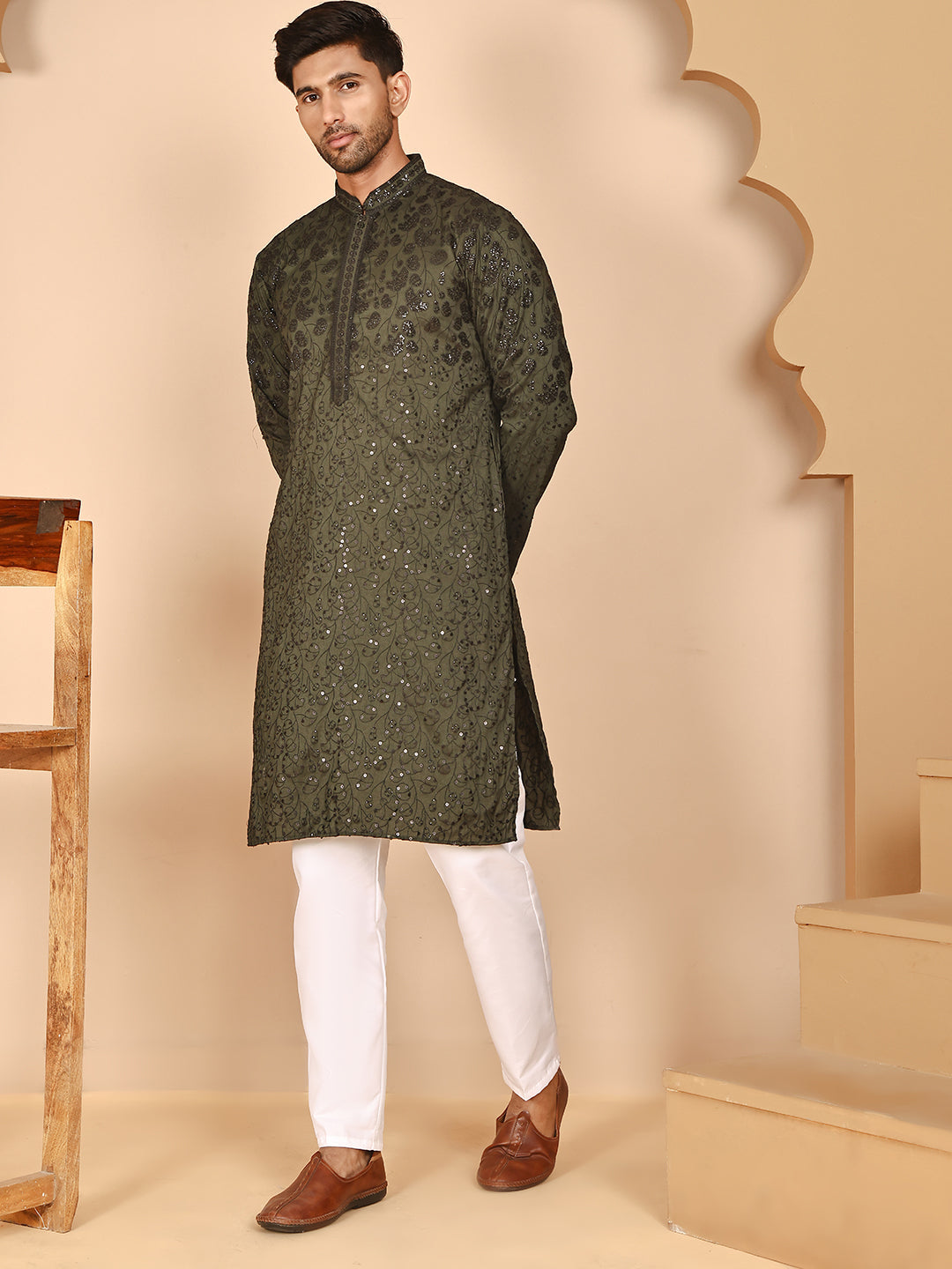 Men's Olive Embroidered Kurta Pyjama Set ( JOKP P 5267 P 5267 Olive ) [FF] [A-1-4]