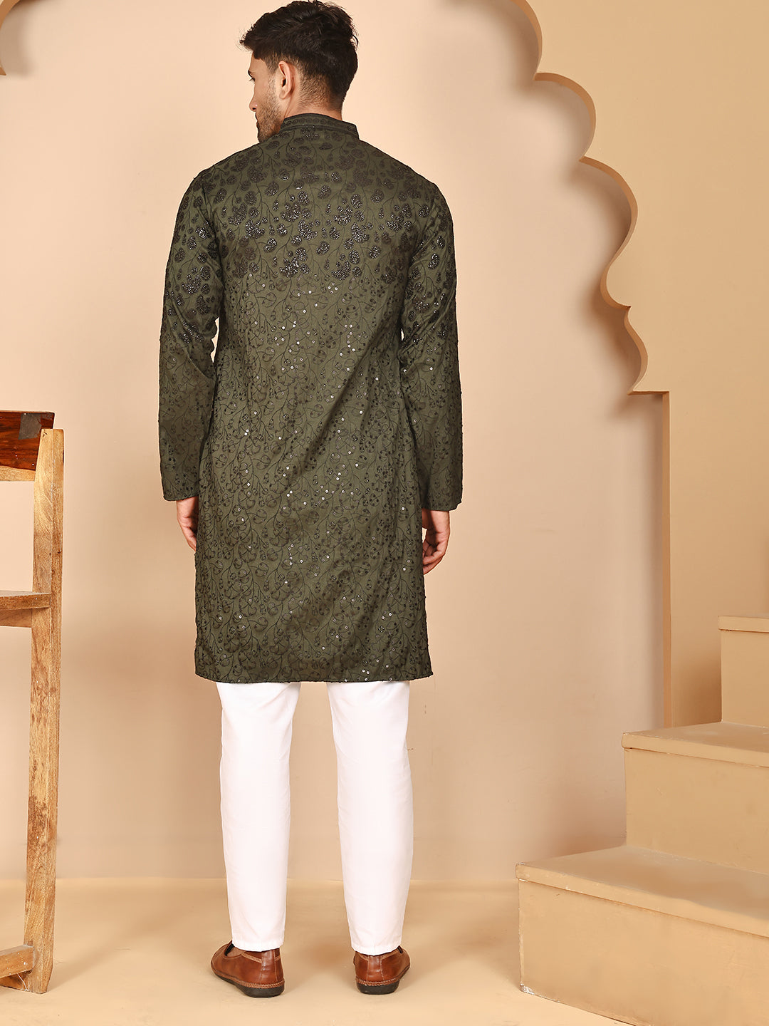 Men's Olive Embroidered Kurta Pyjama Set ( JOKP P 5267 P 5267 Olive ) [FF] [A-1-4]