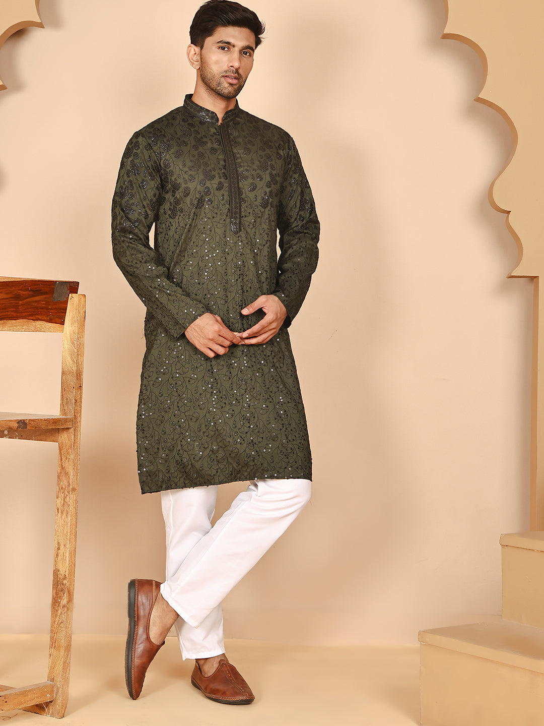 Men's Olive Embroidered Kurta Pyjama Set ( JOKP P 5267 P 5267 Olive ) [FF] [A-1-4]