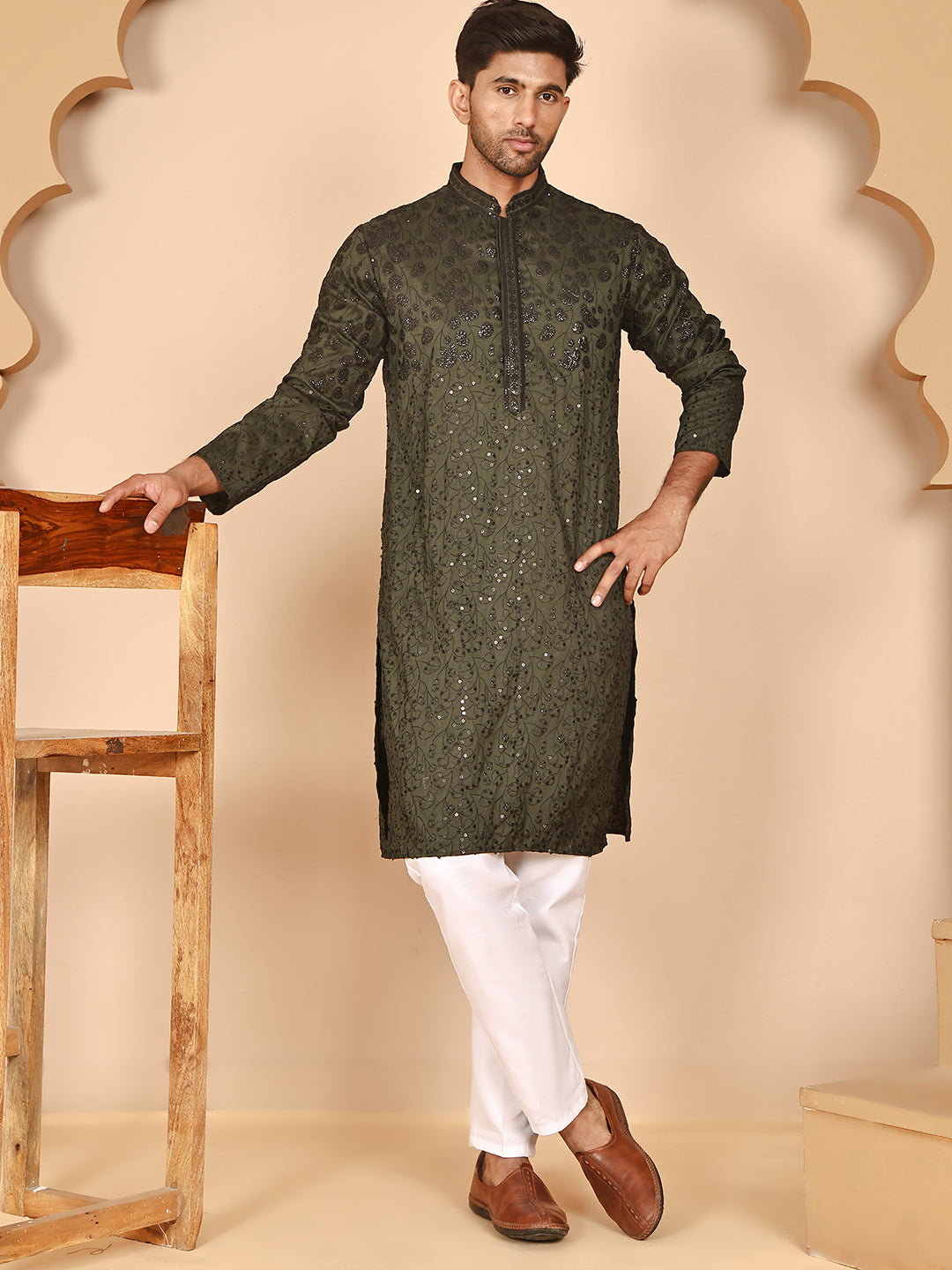 Men's Olive Embroidered Kurta Pyjama Set ( JOKP P 5267 P 5267 Olive ) [FF] [A-1-4]