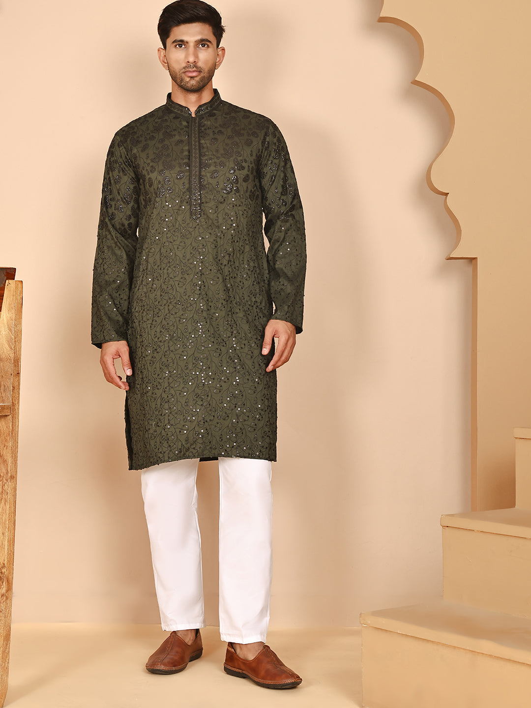 Men's Olive Embroidered Kurta Pyjama Set ( JOKP P 5267 P 5267 Olive ) [FF] [A-1-4]