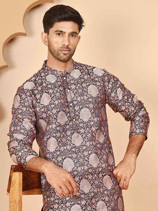 Peach Jacquard Silk Kurta Pyjama Set for Men ( JOKP P 5268  P 5268 Peach )