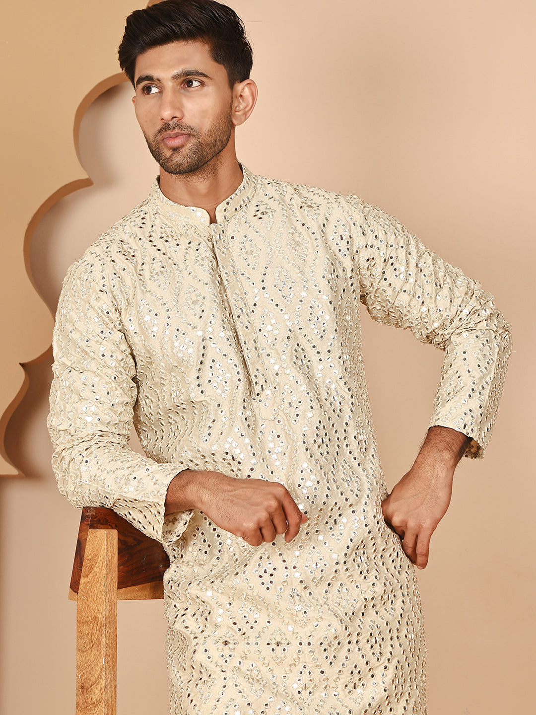 Traditional Mirror Embroidered Kurta Set for Men ( JOKP P 5269 P 5269 Cream ) [FF] [I-1-4]
