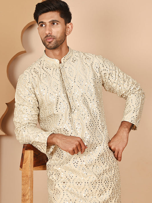 Traditional Mirror Embroidered Kurta Set for Men ( JOKP P 5269 P 5269 Cream ) [FF] [I-1-4]