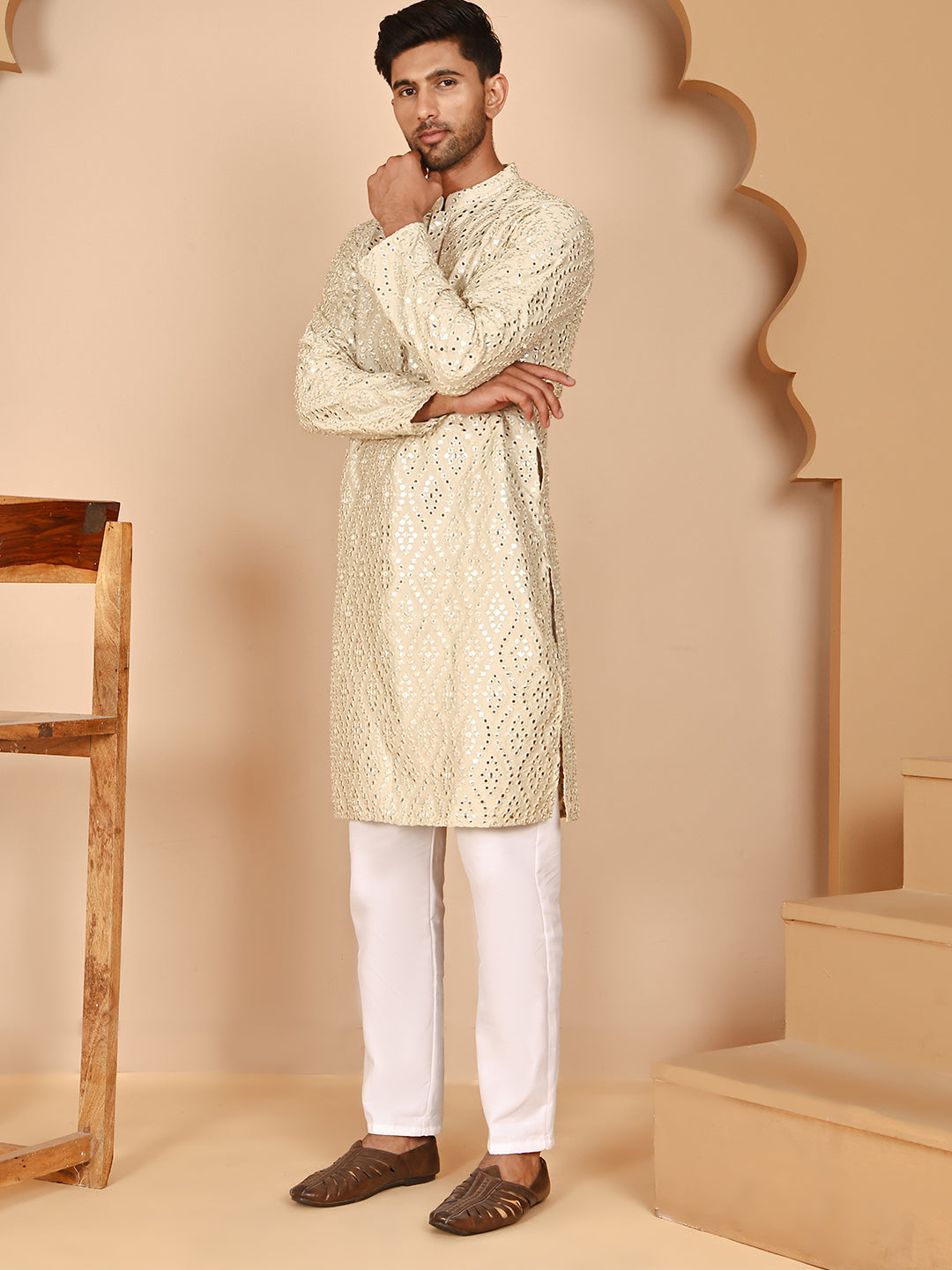 Traditional Mirror Embroidered Kurta Set for Men ( JOKP P 5269 P 5269 Cream ) [FF] [I-1-4]