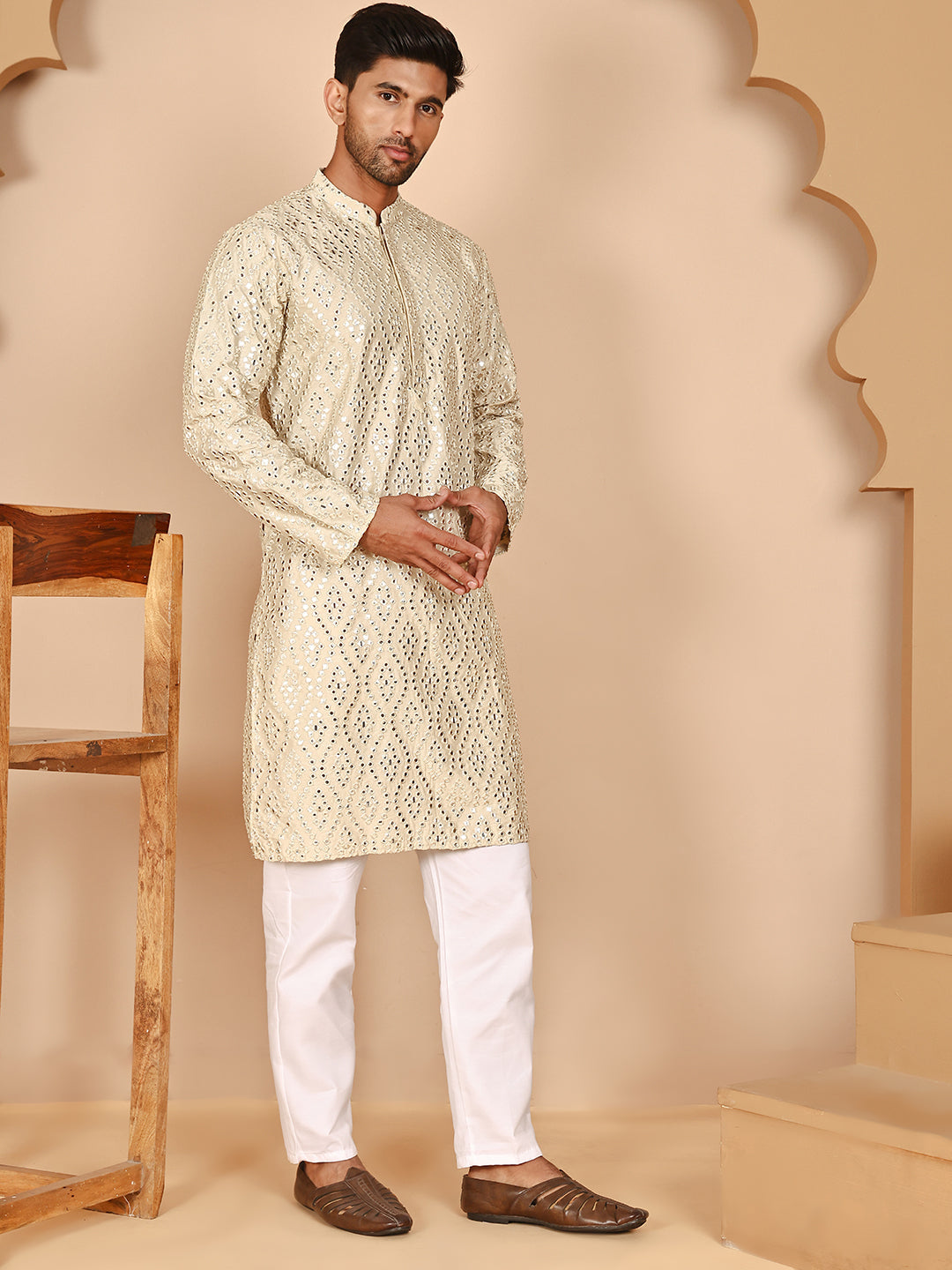 Traditional Mirror Embroidered Kurta Set for Men ( JOKP P 5269 P 5269 Cream ) [FF] [I-1-4]